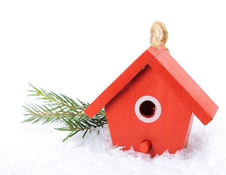 empty birds nest - One birdhouse painted with red color on snow Stock Photo - Budget Royalty-Free & Subscription, Code: 400-08036411