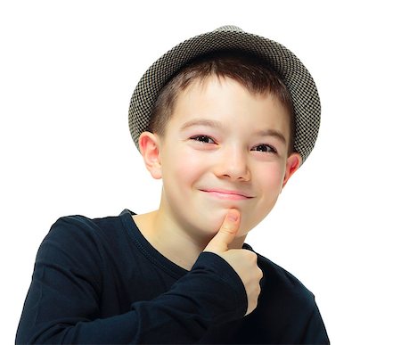simsearch:400-08036451,k - Boy clothing a hat with hand on his chin on white background Stock Photo - Budget Royalty-Free & Subscription, Code: 400-08036449