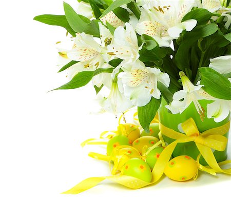 simsearch:400-08036453,k - Bouquet of alstroemeria flowers with Easter eggs on white background Stock Photo - Budget Royalty-Free & Subscription, Code: 400-08036453