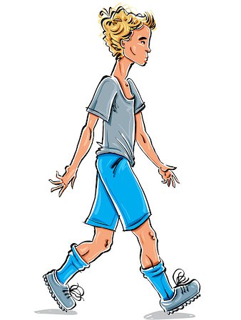 school boy in shorts - Vector full-length drawing of a Caucasian fair-haired teenager, bright cartoon hand-drawn side view of animated youngster, colorful illustration of a walking boy. Stock Photo - Budget Royalty-Free & Subscription, Code: 400-08036542