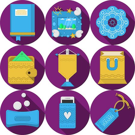 Round purple flat icons vector collection of handmade or handiwork items and gifts in yellow and blue colors on white background. Long shadow design. Stock Photo - Budget Royalty-Free & Subscription, Code: 400-08037045