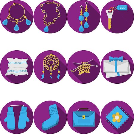 Round purple flat icons vector collection of colored handmade or handiwork items and gifts on white background. Long shadow design. Stock Photo - Budget Royalty-Free & Subscription, Code: 400-08037046