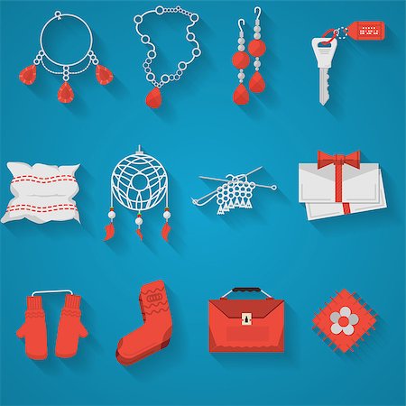 Set of flat vector icons in white and red color for handmade items and gifts with shadow on blue background. Stock Photo - Budget Royalty-Free & Subscription, Code: 400-08037043