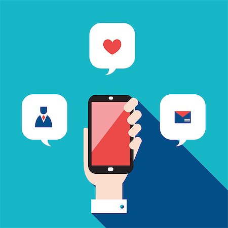 symbols of multimedia - Hand holding mobile phone with icons and speech bubbles Social network concept Vector illustration Stock Photo - Budget Royalty-Free & Subscription, Code: 400-08037795