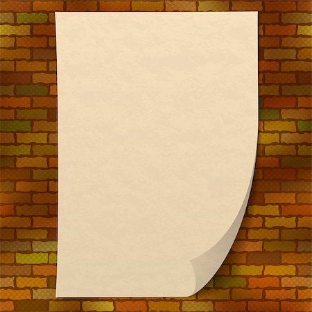 Sheet of old yellowed paper on a brick red grunge wall with half-tone effect, design background. Eps10, contains transparencies. Vector Stock Photo - Budget Royalty-Free & Subscription, Code: 400-08037806