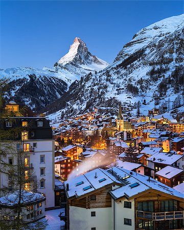 simsearch:400-07309469,k - Aerial View on Zermatt Valley and Matterhorn at Dawn, Zermatt, Switzerland Stock Photo - Budget Royalty-Free & Subscription, Code: 400-08037889