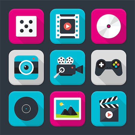 simsearch:400-04324814,k - Flat style vector illustrations with long shadows. Multimedia, audio and video themed squared app icon set Stock Photo - Budget Royalty-Free & Subscription, Code: 400-08038736