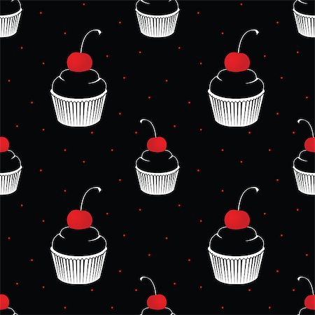 seamless pattern  with cake with cherry on black background Stock Photo - Budget Royalty-Free & Subscription, Code: 400-08038773