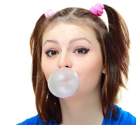 simsearch:400-08038938,k - Beautiful young lady blowing big bubble gum on white background Stockbilder - Microstock & Abonnement, Bildnummer: 400-08038937