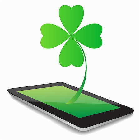 simsearch:400-08039008,k - Four- leaf clover - Irish shamrock St Patrick's Day symbol. Useful for your design. Green glass clover  on white background.Stylish abstract St. Patrick's day  leaf clover whit tablet computer. Photographie de stock - Aubaine LD & Abonnement, Code: 400-08039008