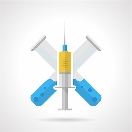 simsearch:400-04323481,k - Flat color abstract vector icon with crossed test-tubes and syringe with yellow and blue liquid for vaccination. Fotografie stock - Microstock e Abbonamento, Codice: 400-08039339