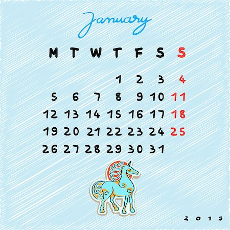 simsearch:696-03397950,k - Calendar 2015 with toy horse, graphic illustration of January month calendar with original hand drawn text Stock Photo - Budget Royalty-Free & Subscription, Code: 400-08032006