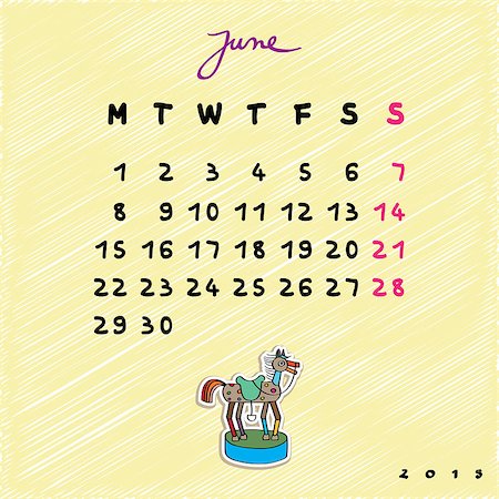 simsearch:696-03397950,k - Calendar 2015 with toy horse, graphic illustration of June month calendar with original hand drawn text Stock Photo - Budget Royalty-Free & Subscription, Code: 400-08032008