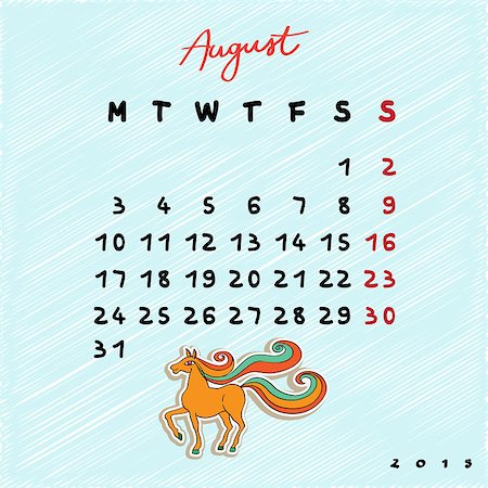 simsearch:696-03397950,k - Calendar 2015 with toy horse, graphic illustration of August month calendar with original hand drawn text Stock Photo - Budget Royalty-Free & Subscription, Code: 400-08032003