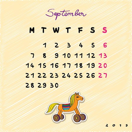 simsearch:696-03397950,k - Calendar 2015 with toy horse, graphic illustration of September month calendar with original hand drawn text Stock Photo - Budget Royalty-Free & Subscription, Code: 400-08032013