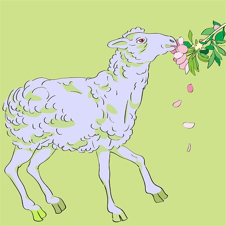 simsearch:400-07614122,k - Hand drawn illustration of a sheep eating apple tree flowers, spring greetings card on a green background Stock Photo - Budget Royalty-Free & Subscription, Code: 400-08032048