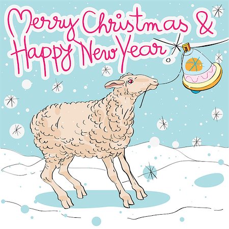 simsearch:400-07614122,k - Merry Christmas and Happy New Cinese Year af the Sheep greeting card, hand drawn illustration of a cute animal ringing the bell on a background with snowflakes and original doodle text Stock Photo - Budget Royalty-Free & Subscription, Code: 400-08032052