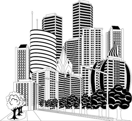 simsearch:400-07033344,k - Black and white ilustration of a street in downtown with office buildings Foto de stock - Super Valor sin royalties y Suscripción, Código: 400-08032264