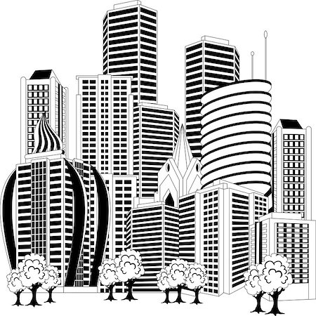 simsearch:400-07033344,k - Black and white illustration of a cityscape Foto de stock - Royalty-Free Super Valor e Assinatura, Número: 400-08032263