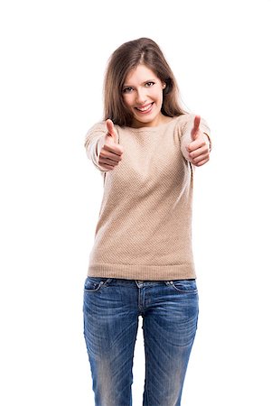 simsearch:400-06769983,k - Beautiful and happy young woman with thumbs up, isolated over white background Foto de stock - Royalty-Free Super Valor e Assinatura, Número: 400-08032289