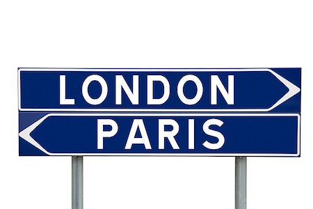 simsearch:400-05730311,k - Blue Direction Signs with choice between London or Paris isolated on white background Stockbilder - Microstock & Abonnement, Bildnummer: 400-08033813