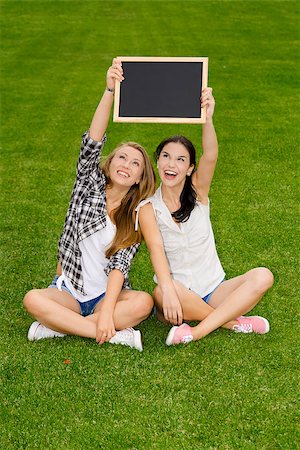 Tennage students sitting on the grass and holding a chalkboard Stock Photo - Budget Royalty-Free & Subscription, Code: 400-08033962