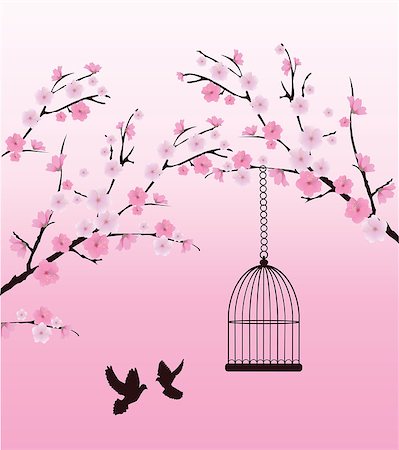 simsearch:400-04907882,k - vector cherry blossom branches with doves, hearts and cage Fotografie stock - Microstock e Abbonamento, Codice: 400-08033990