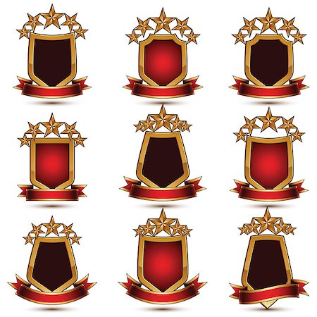 simsearch:400-08041909,k - Set of geometric vector glamorous golden elements isolated on white backdrop, 3d polished stars, protection shields with red ribbon. Five stars branded symbols collection. Photographie de stock - Aubaine LD & Abonnement, Code: 400-08044008