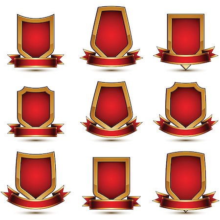 simsearch:400-08041909,k - Set of geometric vector glamorous golden elements isolated on white backdrop, 3d polished lockets, protection shields with red ribbon.  Decorative branded symbols collection. Photographie de stock - Aubaine LD & Abonnement, Code: 400-08044009