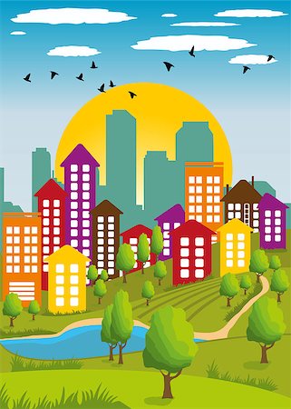 simsearch:400-09110468,k - Cartoon illustration of a colorful modern city Stockbilder - Microstock & Abonnement, Bildnummer: 400-08044399