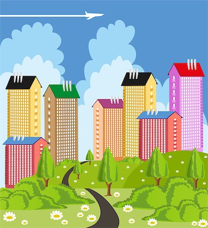 simsearch:400-05025781,k - Cartoon illustration of a colorful modern city Foto de stock - Royalty-Free Super Valor e Assinatura, Número: 400-08044400
