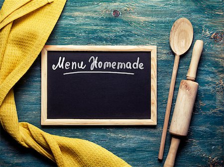 Kitchen tools and Black board on with text - Menu Homemade. Top view Stock Photo - Budget Royalty-Free & Subscription, Code: 400-08044569