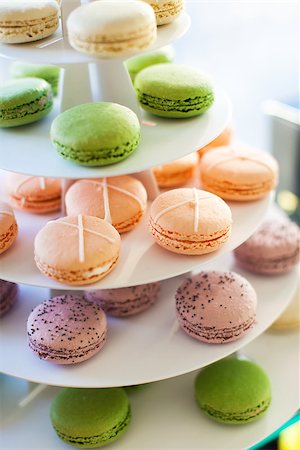 french pastry tower - arrangement of delicate french macarons, delicious sweet dessert at cafe Stock Photo - Budget Royalty-Free & Subscription, Code: 400-08044787
