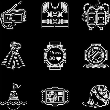 simsearch:400-08052219,k - Set of flat white contour vector icons for diving and snorkeling equipment on black background. Stock Photo - Budget Royalty-Free & Subscription, Code: 400-08044904