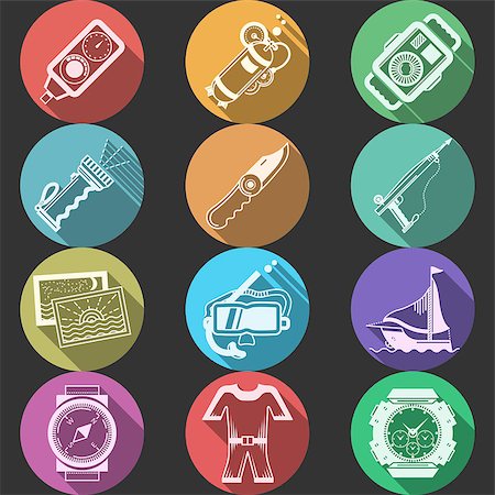 simsearch:400-08052219,k - Colored round flat icons vector collection of white silhouette equipment and outfit for diving and snorkeling on black background. Long shadow design Stock Photo - Budget Royalty-Free & Subscription, Code: 400-08044905