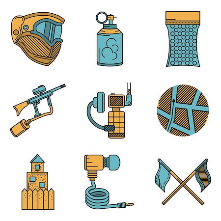 simsearch:400-08041679,k - Set of flat color vector icons with black line contour for paintball and airsoft equipment and outfit on white background. Long shadow design. Foto de stock - Royalty-Free Super Valor e Assinatura, Número: 400-08044903