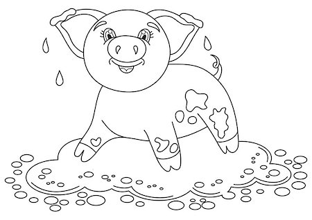 simsearch:632-02690277,k - Vector illustration of cute pig in a puddle, funny piggy standing on dirt puddle, coloring book page for children Stockbilder - Microstock & Abonnement, Bildnummer: 400-08044959