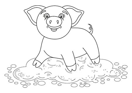 Vector illustration of cute pig in a puddle, funny piggy standing on dirt puddle, coloring book page for children Stock Photo - Budget Royalty-Free & Subscription, Code: 400-08044952