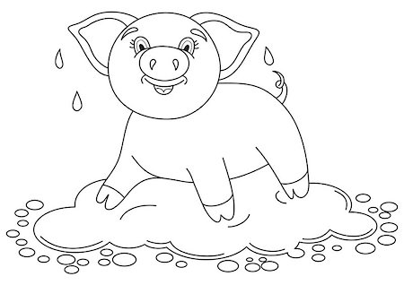 Vector illustration of cute pig in a puddle, funny piggy standing on water puddle, coloring book page for children Stock Photo - Budget Royalty-Free & Subscription, Code: 400-08044967