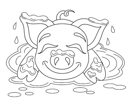 Vector illustration of cute pig in a puddle, funny piggy standing on dirt puddle, coloring book page for children Stock Photo - Budget Royalty-Free & Subscription, Code: 400-08044963