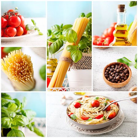 Food series. Collage of pasta images. Spaghetti with tomato, basil and olive oil with garlic. Stockbilder - Microstock & Abonnement, Bildnummer: 400-08045061
