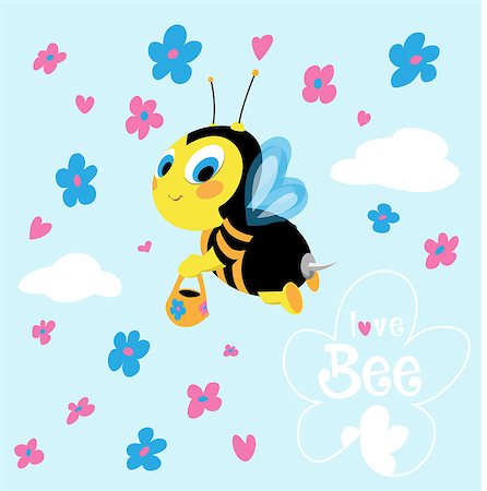 simsearch:400-08046771,k - Cute flying bee collects honey in a blue background full of flowers. Stock Photo - Budget Royalty-Free & Subscription, Code: 400-08045411