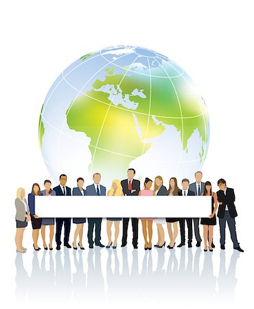 Crowd of businesspeople standing in front of world globe and holding big long billboard. Stock Photo - Budget Royalty-Free & Subscription, Code: 400-08045669
