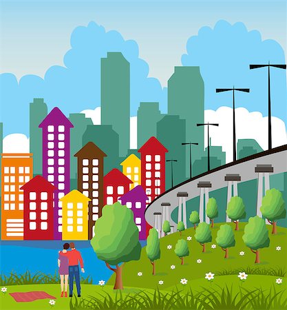 simsearch:400-08045697,k - Cartoon illustration of a colorful modern city with couple Fotografie stock - Microstock e Abbonamento, Codice: 400-08045698