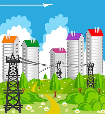 simsearch:400-09110468,k - Cartoon illustration of a modern city with power line Stockbilder - Microstock & Abonnement, Bildnummer: 400-08045699