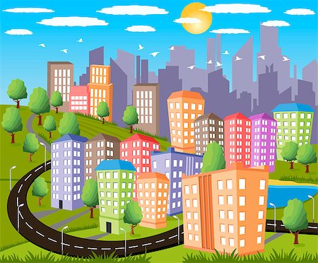 simsearch:400-08045697,k - Cartoon illustration of a colorful modern city Fotografie stock - Microstock e Abbonamento, Codice: 400-08045700