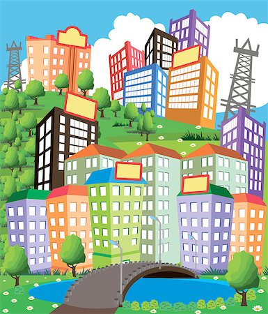 simsearch:400-08045697,k - Cartoon illustration of a modern city with power line Fotografie stock - Microstock e Abbonamento, Codice: 400-08045703