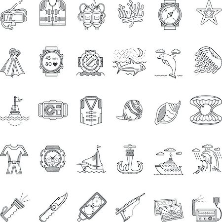 simsearch:400-08052219,k - Set of flat black line vector icons for sea active leisure, snorkeling and diving equipment on white background. Stock Photo - Budget Royalty-Free & Subscription, Code: 400-08046031