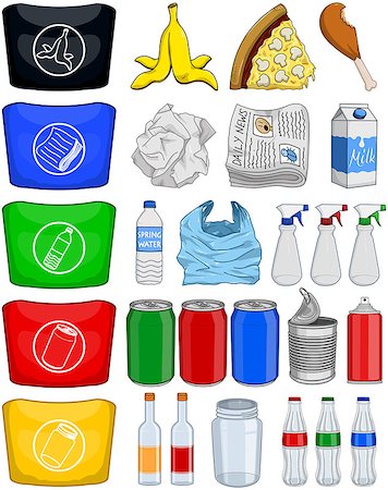 Vector illustration pack of organic paper plastic aluminium and glass items for recycling. Foto de stock - Super Valor sin royalties y Suscripción, Código: 400-08046770