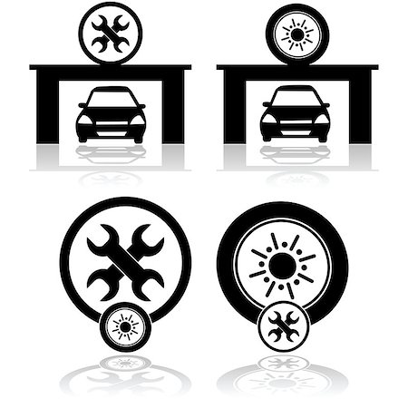 simsearch:400-06553976,k - Icon set showing a car inside a garage as well as symbols for a tire and wrench Foto de stock - Royalty-Free Super Valor e Assinatura, Número: 400-08046840